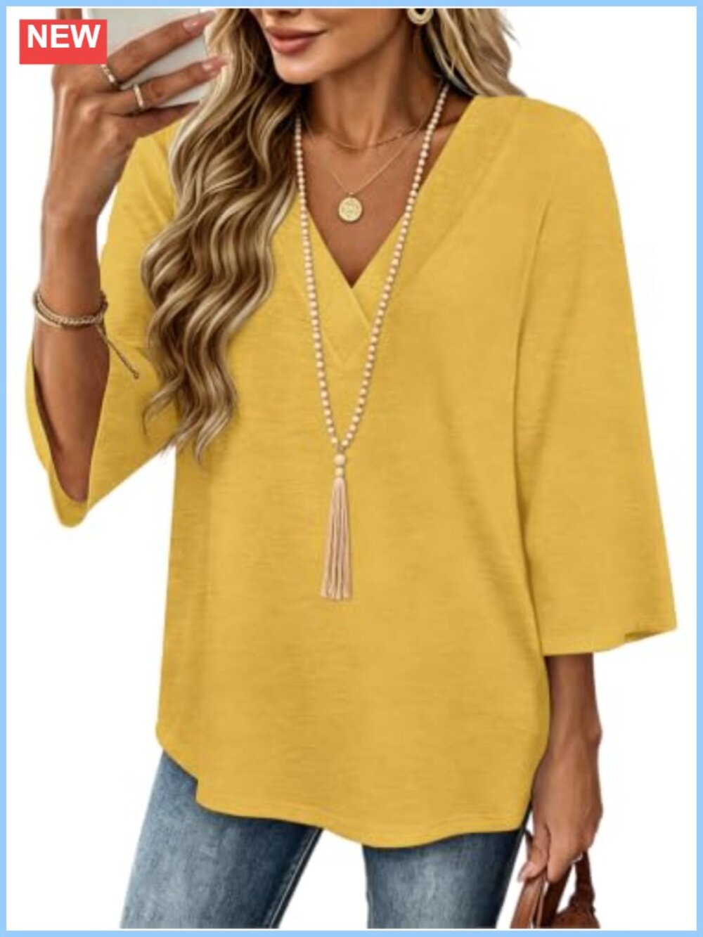 Womens 3/4 Sleeve V Neck Tunic Top Loose Fit Boho Casual Blouse